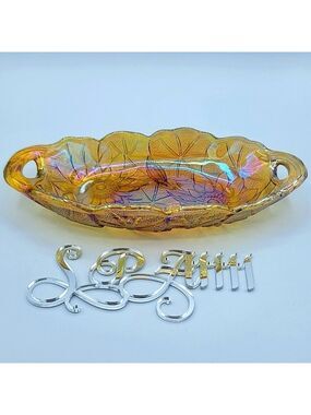 Vintage Carnival Glass Iridescent Marigold  Amber Oval Dish #934